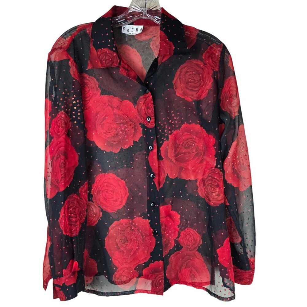 VTG 90s Y2K Sheer Glittery Rose Blouses Dark Romantic Whimsigoth Small